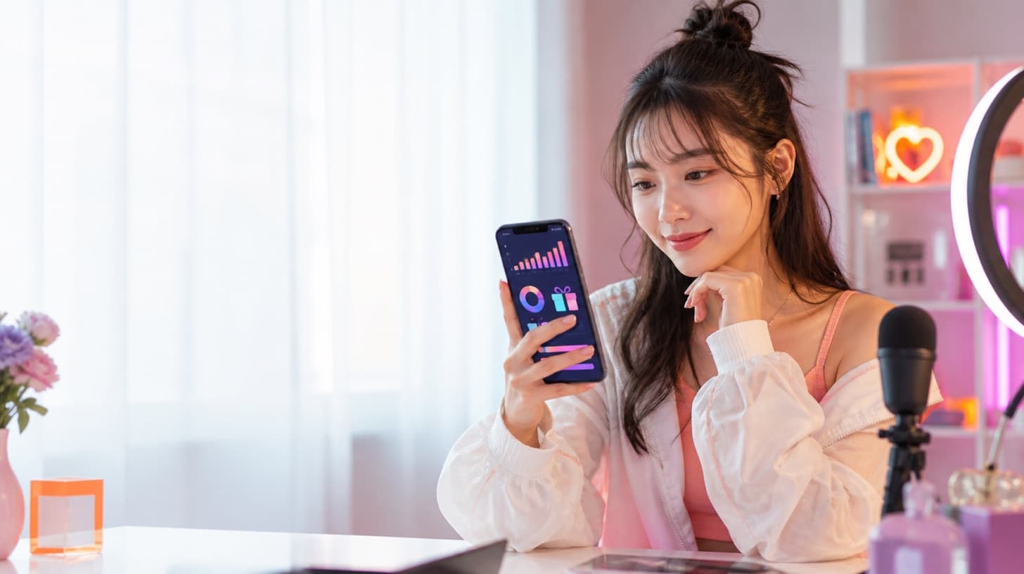 スマートフォンでライブ配信の報酬データを確認する女性ライバー