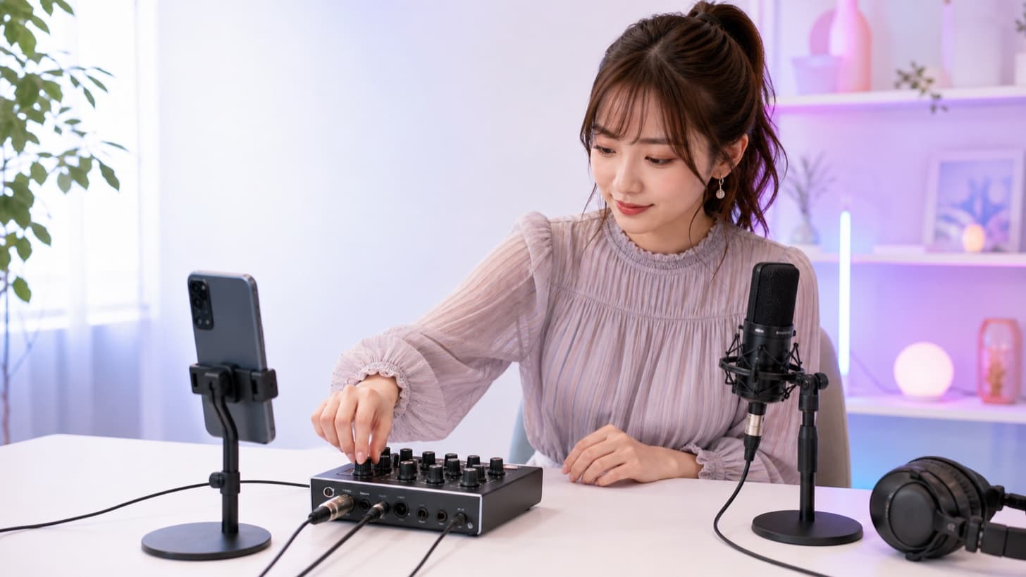 スマートフォンでのライブ配信前にコンパクトなオーディオミキサーを調整する女性
