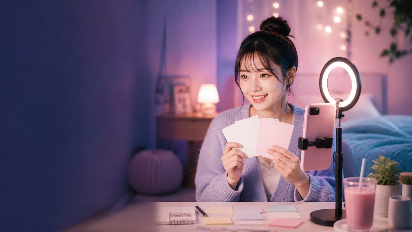 話題カードを手にスマートフォンで初配信する女性