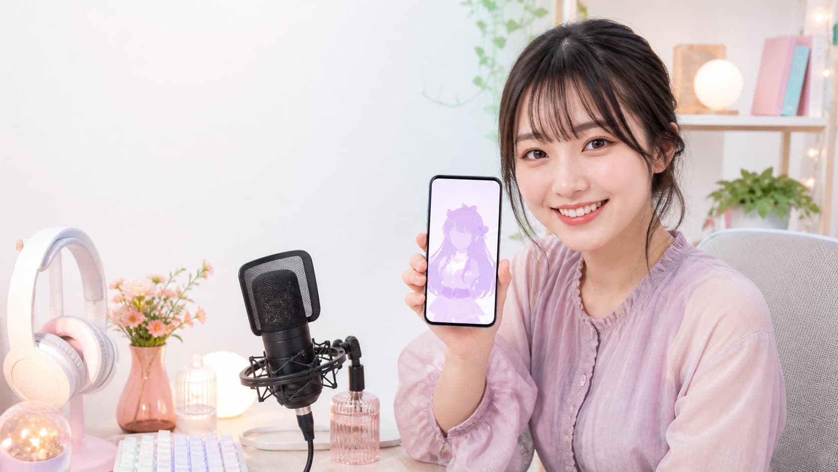 スマートフォンのオリジナルアバターとマイクでIRIAM配信を準備する女性