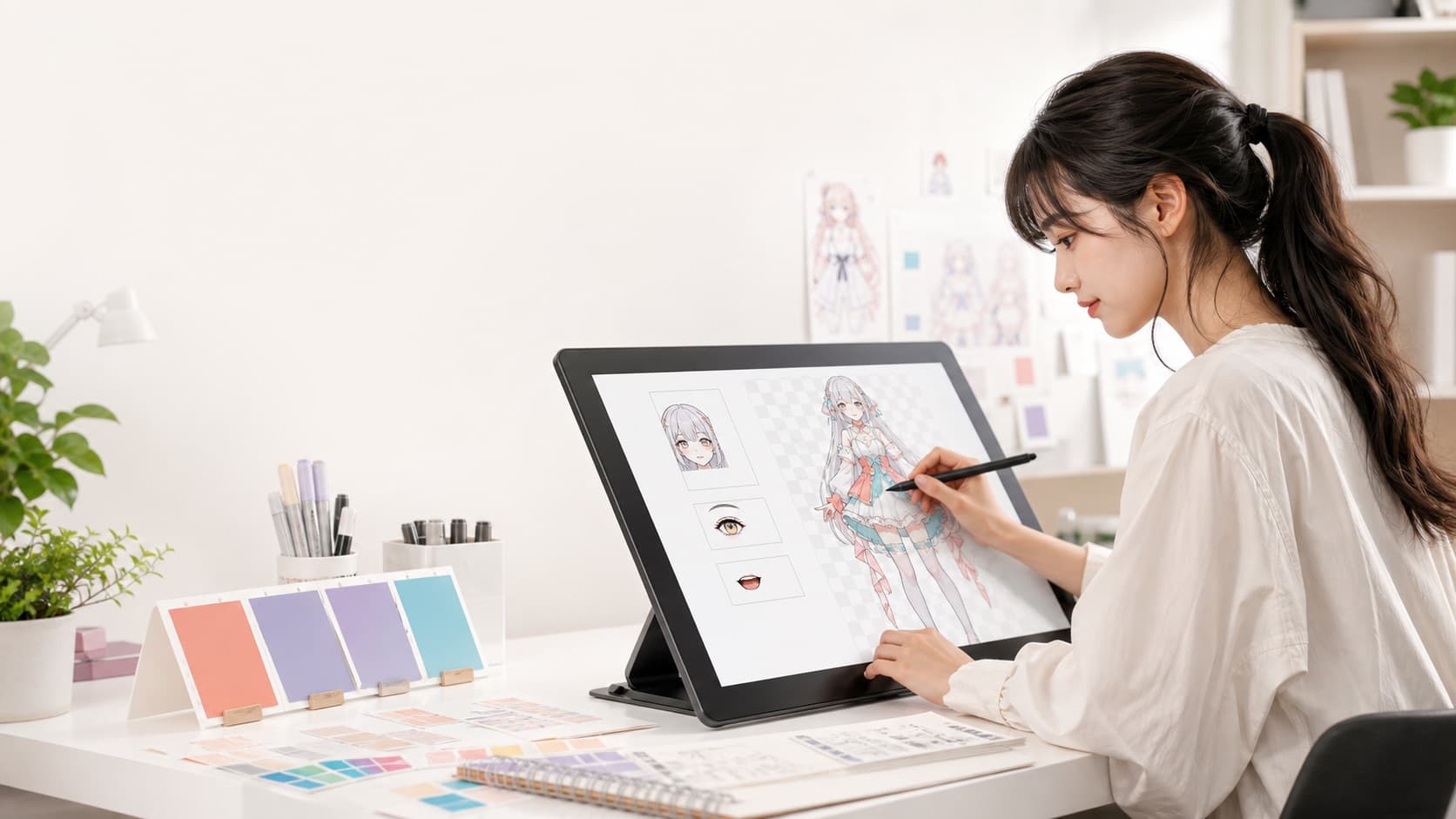IRIAM用の全身キャラクター立ち絵をペンディスプレイで制作する女性