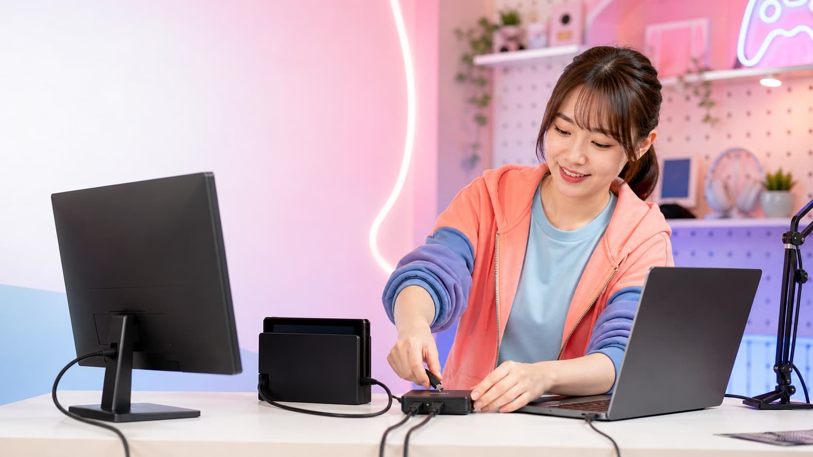 ゲーム機、モニター、ノートPCを外付けキャプチャーボードへ接続する女性