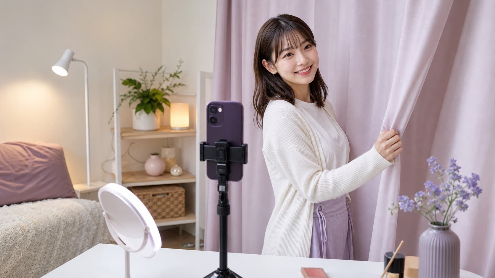 カーテンと小さな棚を使って安全でおしゃれなライブ配信背景を準備する女性