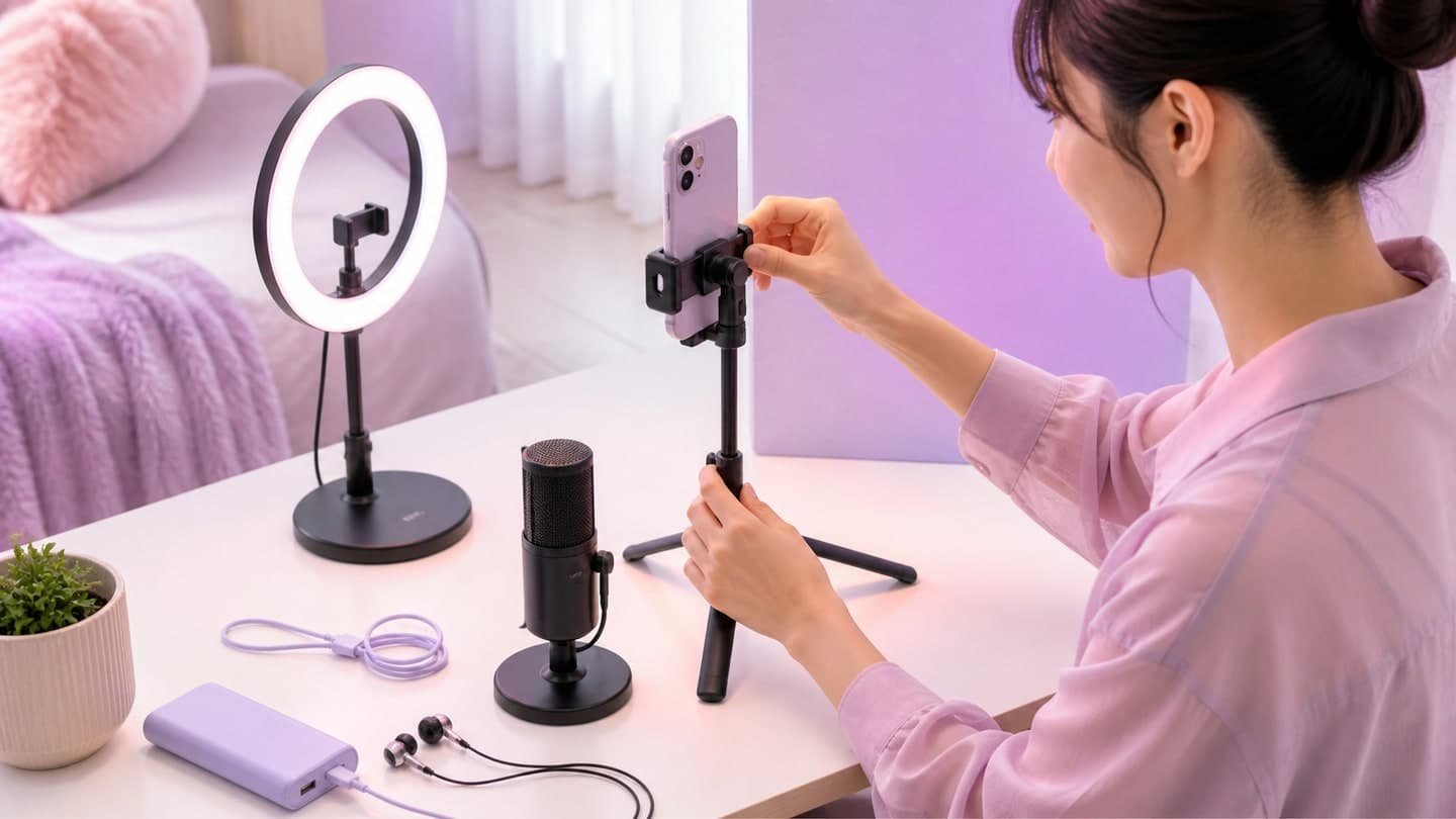 スマートフォン、リングライト、マイクなどのライブ配信機材を準備する女性