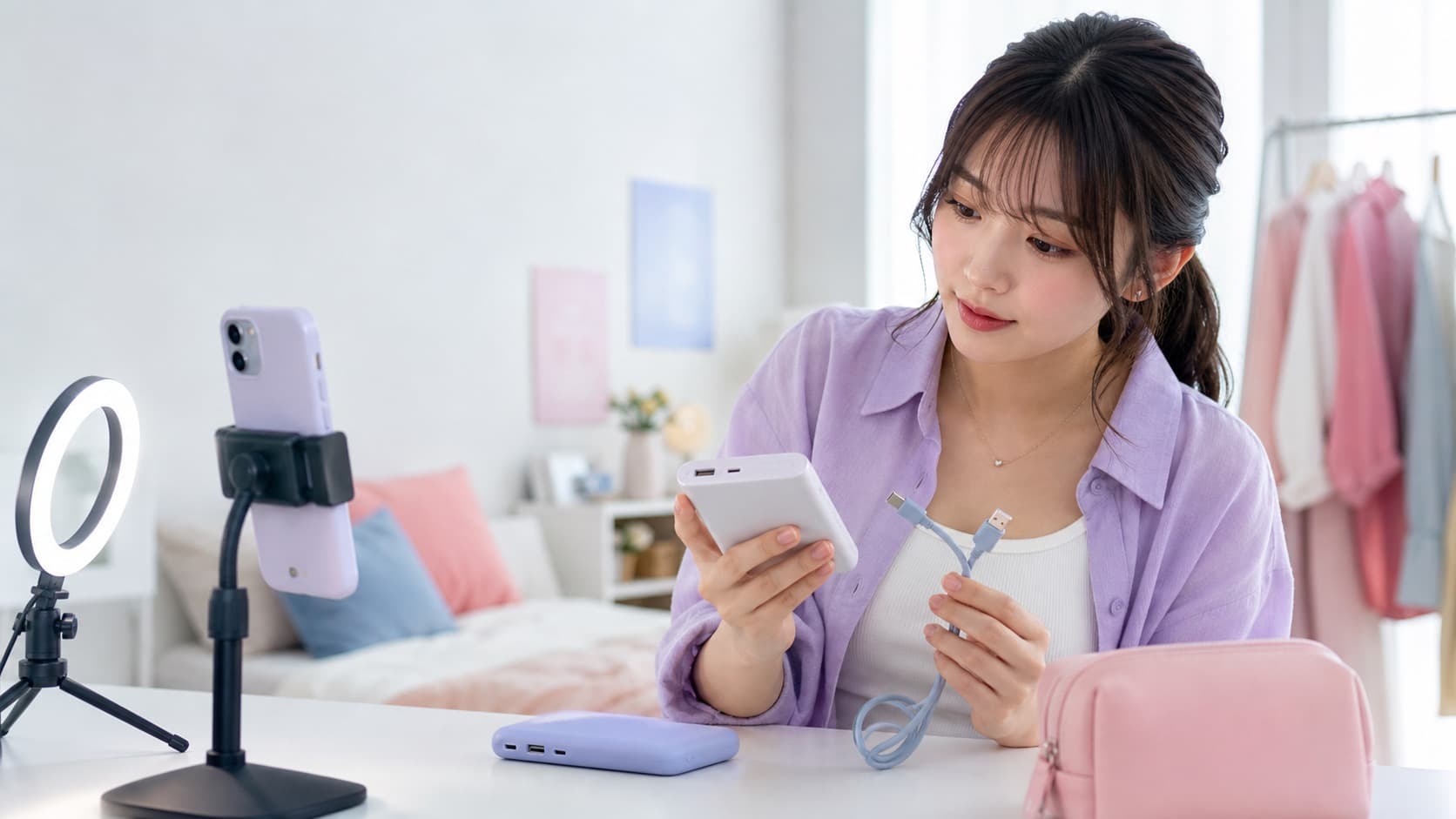 配信前に2台のモバイルバッテリーとUSB-Cケーブルを比較する女性