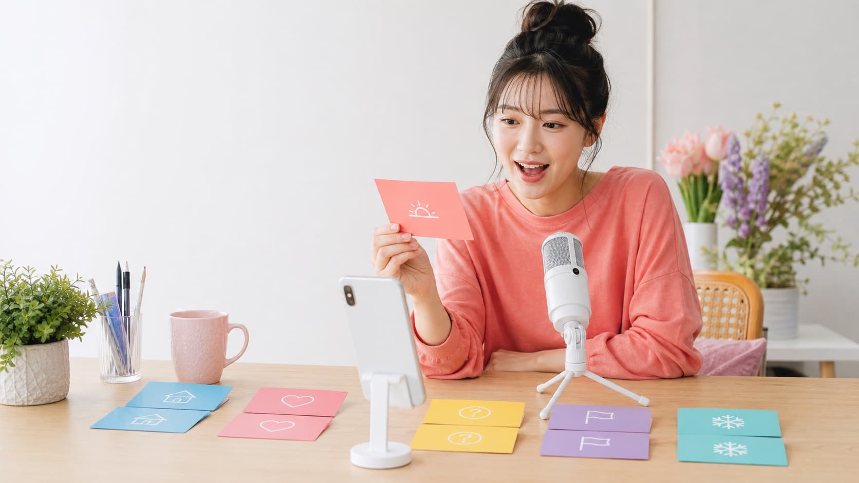 ライブ配信の話題を5種類のカードから選ぶ女性