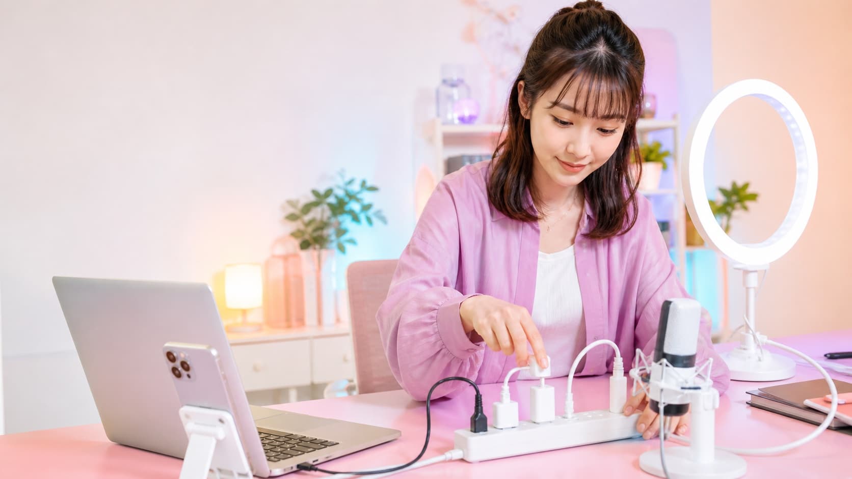 ライブ配信機材を安全に電源タップへ接続する女性