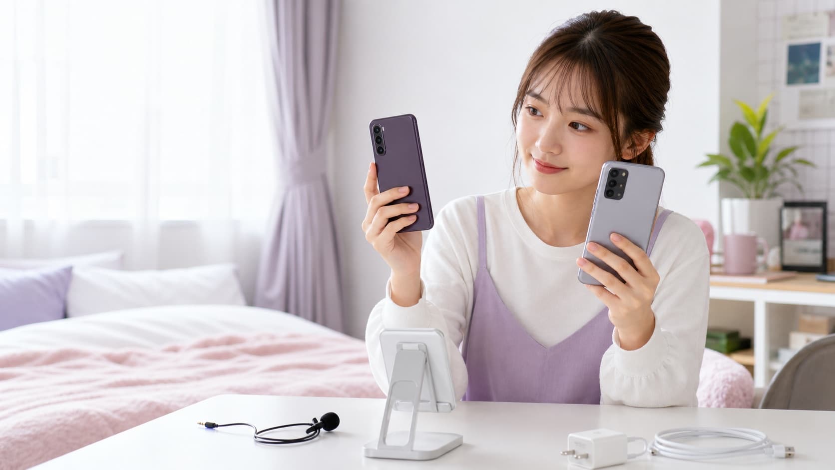 ライブ配信用に2台のスマートフォンの大きさとカメラを比較する女性