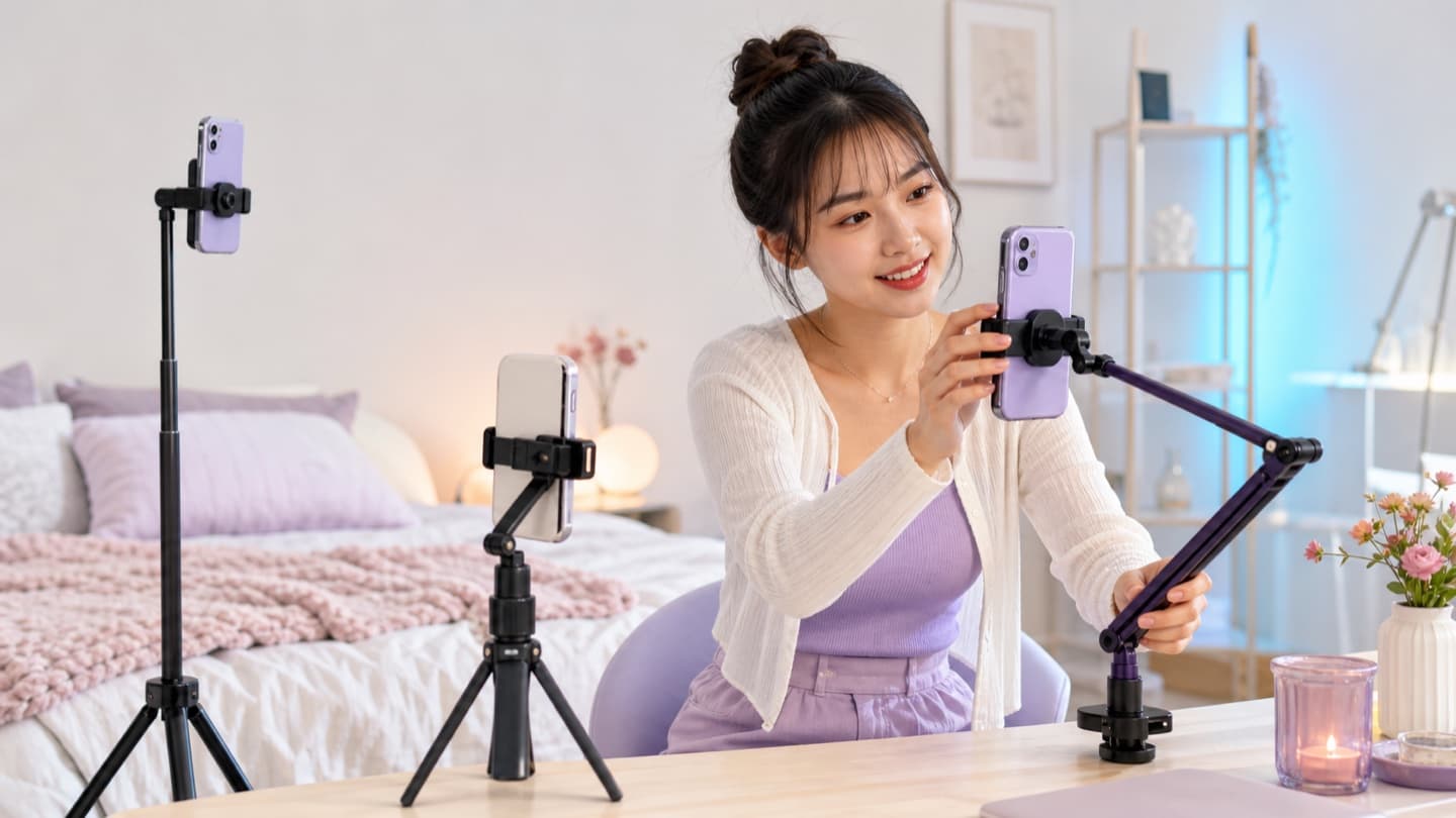 卓上三脚、床置き三脚、クランプアームを比較しながら配信準備をする女性