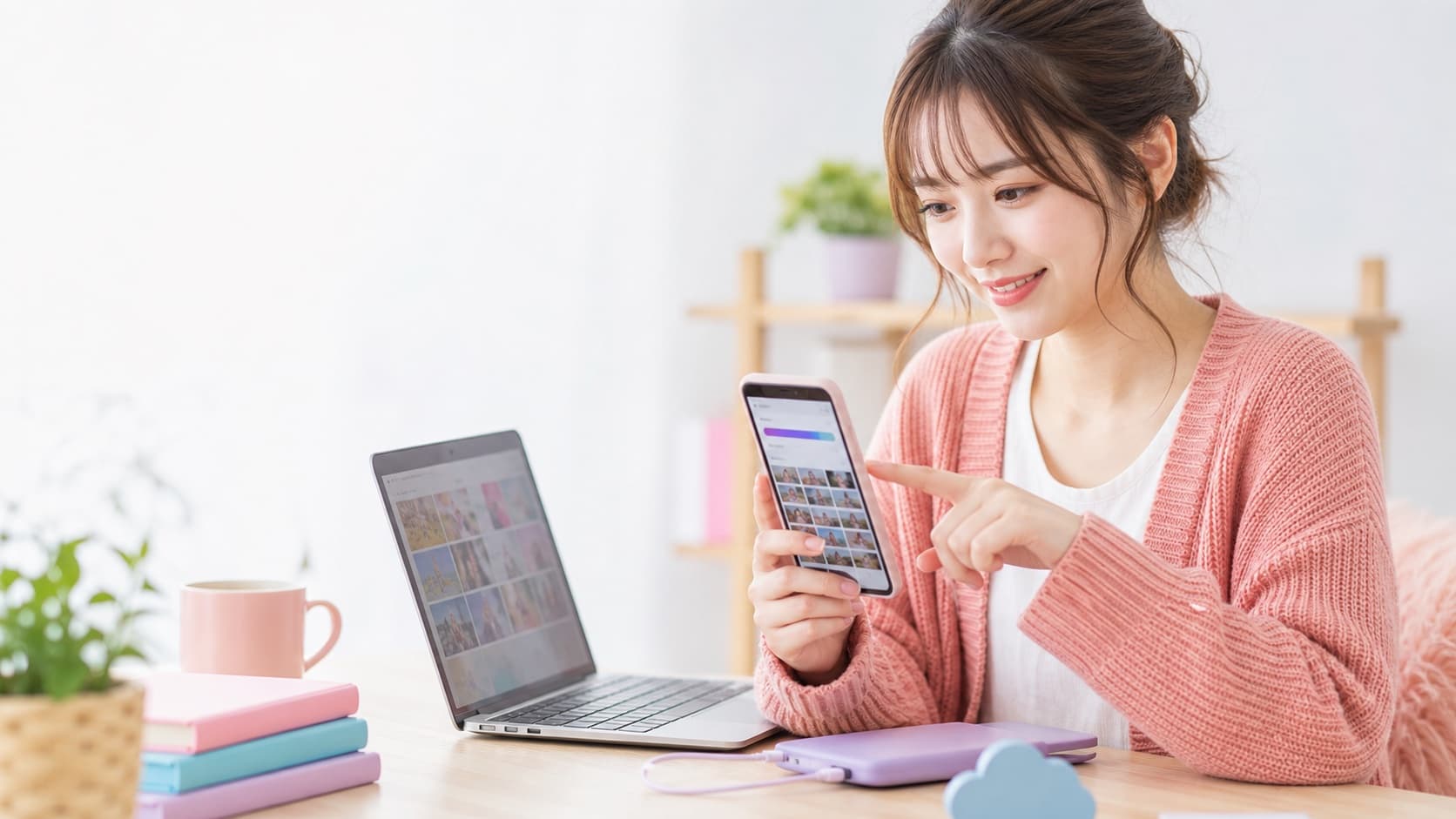 ライブ配信前にスマホのストレージと動画ファイルを整理する女性