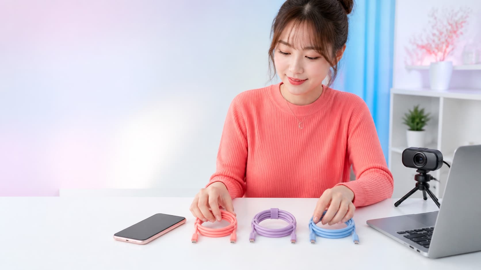 配信用のUSB-Cケーブルを充電・データ・映像用途に分ける女性
