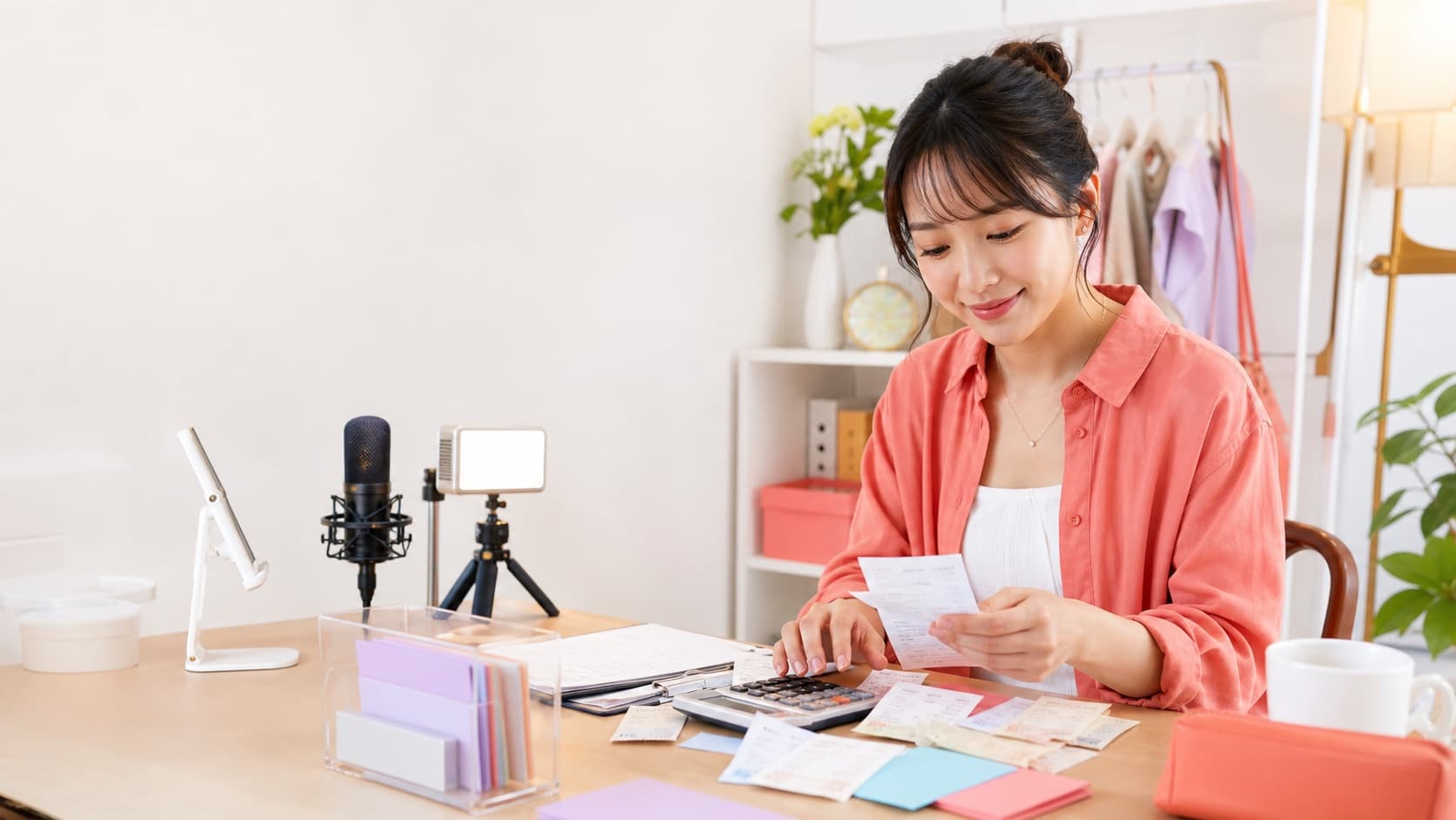 配信機材と領収書を用途別に整理して帳簿へ記録する女性