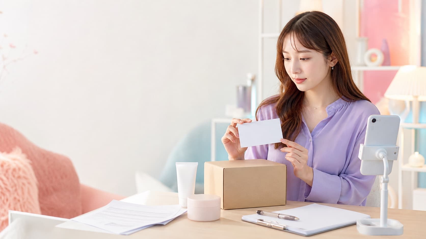 案件配信前にPR表記と商品提供条件を確認する女性