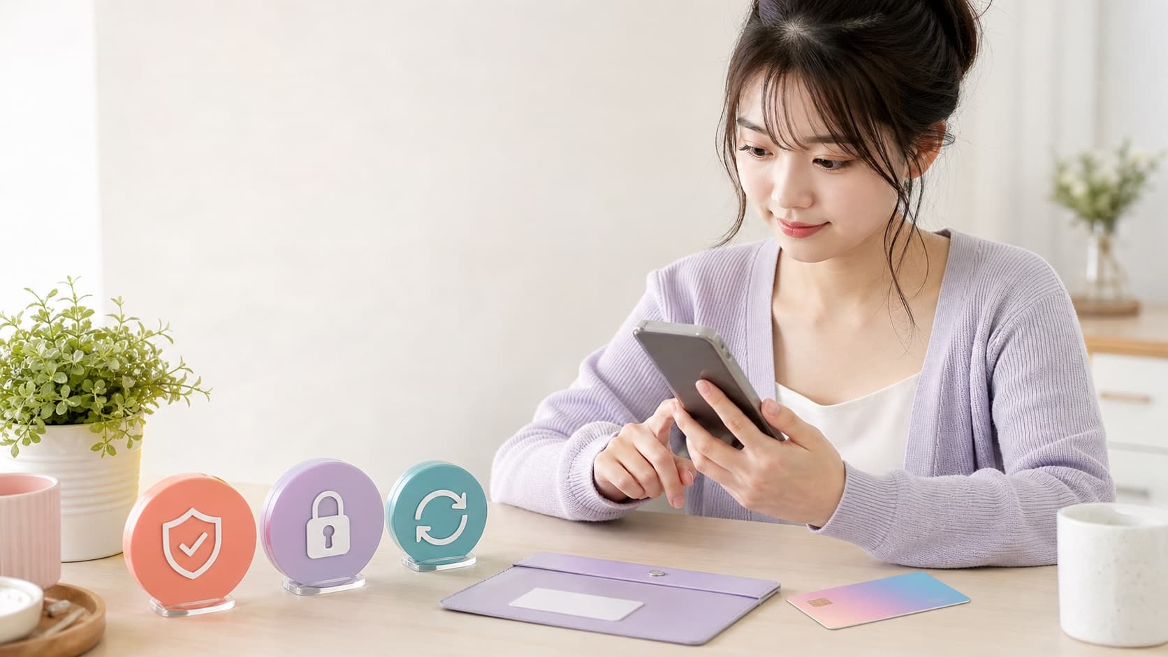 本人確認と安全な交換手順をスマートフォンで確認する女性