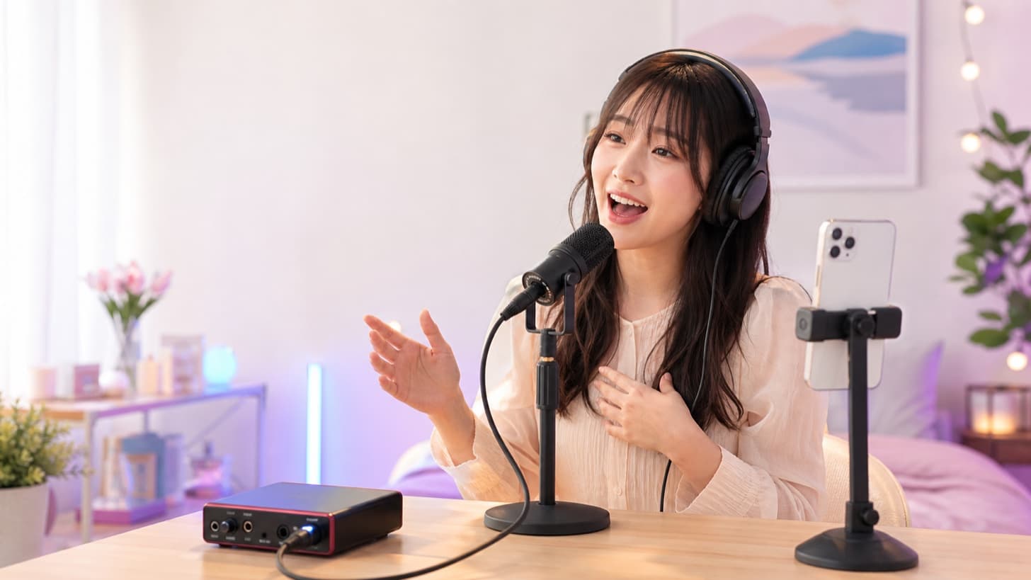 スマートフォンに向かってマイクとヘッドホンを使い歌配信をする女性